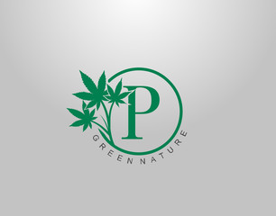 P Letter Logo Circle Nature Canabis Leaf, vector logo design concept medical marijuana leaf with initial letter logo icon for nature business.