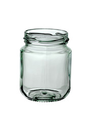Empty open glass jar, close-up. Isolated on a white background.