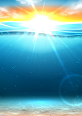 Summer sea banner with sunrise. Vector illustration with deep underwater ocean scene with seashells on sandy bottom. Realistic sea landscape with sunset or sunrise.