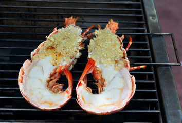 Roasted grilled giant river prawn, street food, Thai style