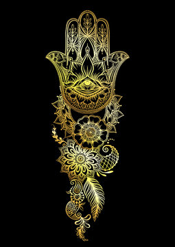 Ornate hand drawn hamsa. Popular Arabic and Jewish amulet in gold and black. Vector illustration.