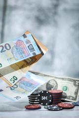 Poker playing chips on a wooden table and wooden background Online gambling. Addiction. Falling poker chips. Falling money. Losing money