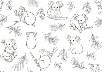Koala bear seamless pattern. Outline hand drawing vector illustration.