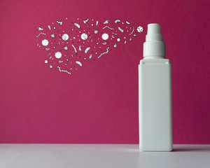 A spray mist with illustrated microbiomes relating to skin health coming out from the bottle. ...