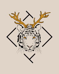 Tiger head contour with colored deer antlers in front of the black frame. 