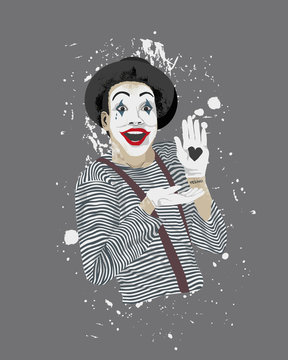 Classic look french mime showing pantomime about love. French mime illustration wearing a striped shirt, black hat, white gloves, and make up asks yes or no. 