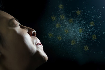 Woman coughing or sneezing. Concept of spread of the virus. Spray infection