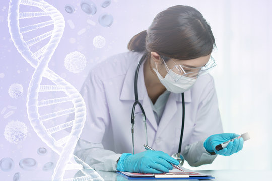 Doctor wearing medical mask with stethoscope in uniform, holding Blood test samples tube in hand report with information about blood test. - Powered by Adobe