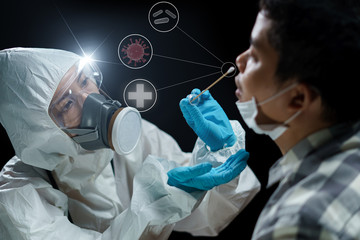 Woman doctor wearing hazmat suits  taking a nasal swab to test for possible coronavirus infection.