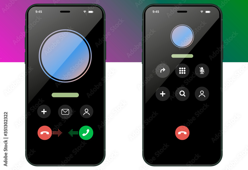 Poster Phone Call Screen Set. Interface. Accept Button, Decline Button. Incoming Call. Phone Call Screen Template Mockup. Vector illustration.