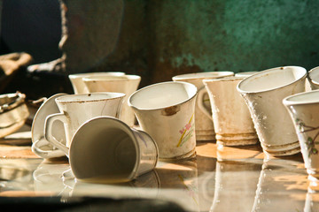 Rows of white ceramic cups on the table