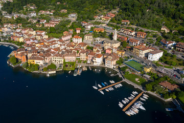 Fototapeta na wymiar Town of Sala Comacina, Como Lake, Italy, aerial view from the lake