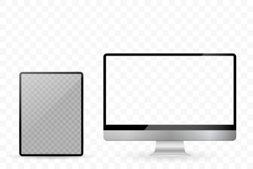 Tablet and desktop computers with white screen on a transparent background