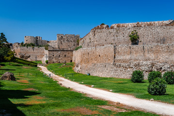 Τhe Medieval Moat and the Medieval City Walls in Rhodes Island, Greece.