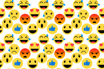 Faces emoji pattern. Funny cute smiley expression emotion chat messenger kid cartoon vector seamless wallpaper