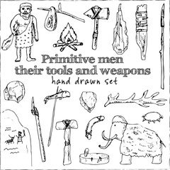 Primitive men with tools and weapons isolated hand drawn doodles Vector