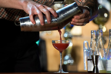 Male bartender makes a cocktail at the bar