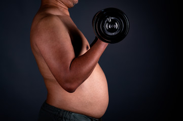 Fototapeta na wymiar Big obese people have fat and overgrown belly, requires exercise to lose weight and stay healthy