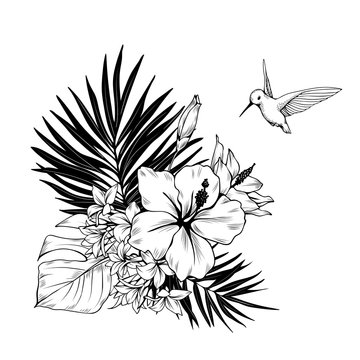 Composition with hibiscus, palm leaves and hummingbird. Vector botanical illustration
