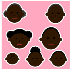 Face icons of African , black family members. Vector illustrations image. Looking straight, emotions,