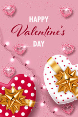 Valentines Day background with heart-shaped gift boxes, stylized hearts made of golden confetti and lights garland. Greeting card, party invitation or sale banner template