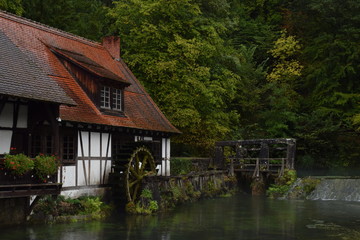 Fototapeta na wymiar Casa antigua con molino en Alemania junto a un lago