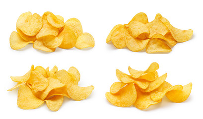 Collection of delicious potato chips piles, isolated on white background - obrazy, fototapety, plakaty