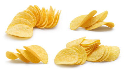 Collection of delicious potato chips piles, isolated on white background