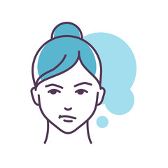 Human feeling sympathy line color icon. Face of a young girl depicting emotion sketch element. Cute character on blue background. Outline vector illustration.