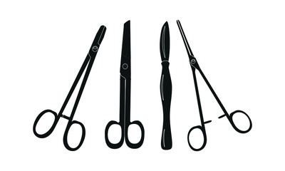 Vector illustration of surgical instruments, scalpel, medical clip, needle holder and scissors. Medical signs for infographics, website or application.