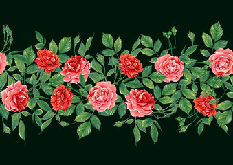 Seamless pattern with red roses flowers. Colored vector illustration. Isolated on black background.