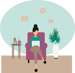 Girl sitting on chair works with laptop.Home office concept.Freelance or studying concept.Remote work from home.Vector illustration in flat style.