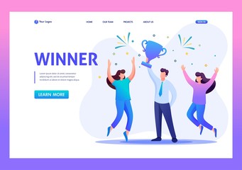 Successful businessman celebrating a victory, teamwork. Flat 2D character. Landing page concepts and web design