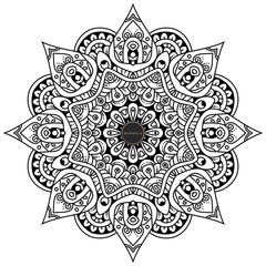 Mandala, tracery round boho doodle. Ethnic ornament, sketched symmetry. Folk, meditation design. Curved shape, isolated on white. Black and white art. Vector