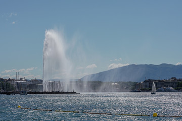 Switzerland, Geneva, June 12 2019.City of Geneva and water jet