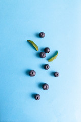 Minimal composition of fresh blueberries berry and leaves on blue background. Proper Diet Healthy Eating.