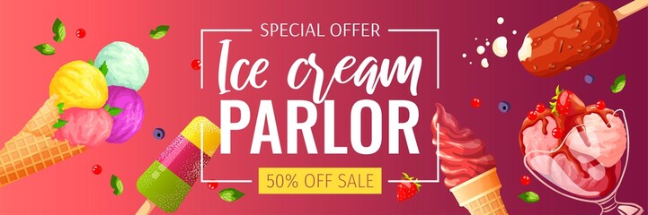 Banner design with set of various ice cream. Ice cream parlor or shop, Sweet products, Dessert concept. Vector illustration for poster, banner, advertisement, comm