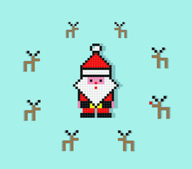 Obraz na płótnie Canvas Pixel Art vector illustration of Santa Claus and reindeer.