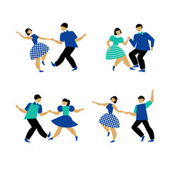 Dancing couple set on white background. The guy and the girl are dancing swing, rock and roll or Lindy hop. Male and female performing dance party. Vector illustration in flat style