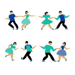 Dancing couple set on white background. The guy and the girl are dancing swing, rock and roll or Lindy hop. Male and female performing dance party. Vector illustration in flat style