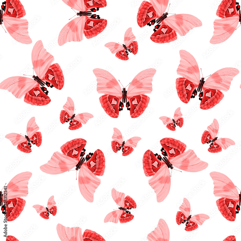 Poster seamless pattern of red tropical butterflies isolated on white background