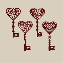 Set of templates of decorative keys for laser cutting, paper cutting, stencil making. The image is suitable for interior design, props, wedding, Valentine's day, individual creativity