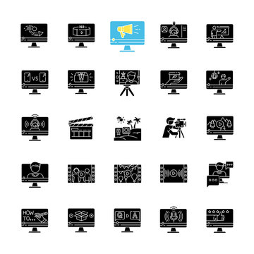 Video production black glyph icons set on white space. Internet blog content. Promotional, informational and entertainment videography. Silhouette symbols. Vector isolated illustration