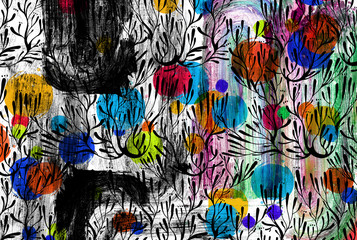 Fototapeta na wymiar Vivid imprint of the paint blots concept in grunge style with coral seaweed in the ocean or tree branches.