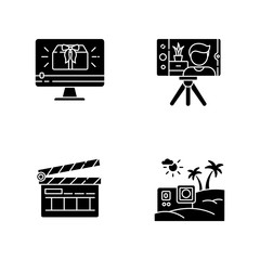 Filmmaking and Internet blogging black glyph icons set on white space. Travel vlog content. Movie making clapperboard. Online video. Silhouette symbols. Vector isolated illustration