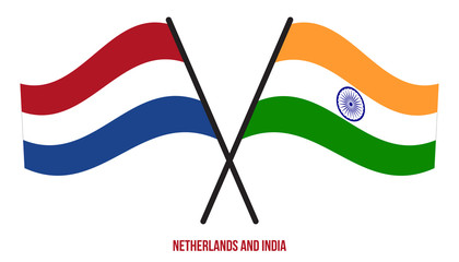 Netherlands and India Flags Crossed And Waving Flat Style. Official Proportion. Correct Colors