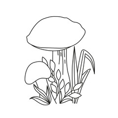 Black and white image of forest mushroom leccinum  with leaves and grass.