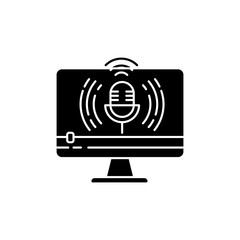 Live broadcasting black glyph icon. Web streaming. Vlogger podcast. Video blogging. Digital content. Radio microphone. Silhouette symbol on white space. Vector isolated illustration