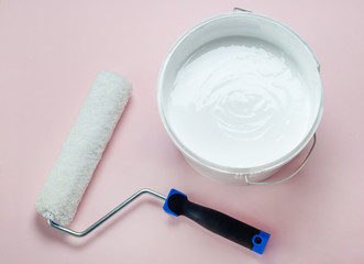 House repair, roller with a bucket of white paint