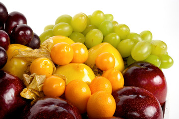 Assorted fresh fruits. White background. close view. top view. isolated